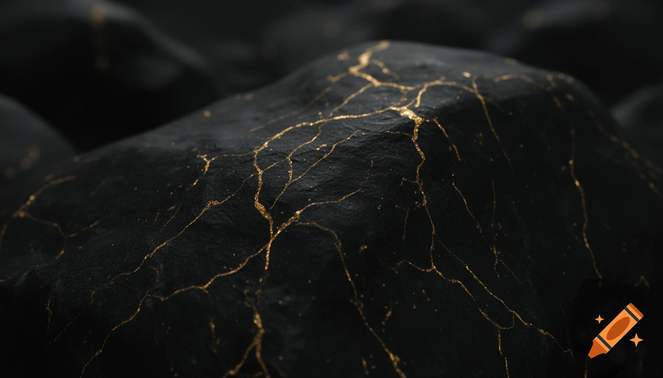 Close-up of dark matte black rock with intricate, glowing golden cracks, resembling kintsugi art.