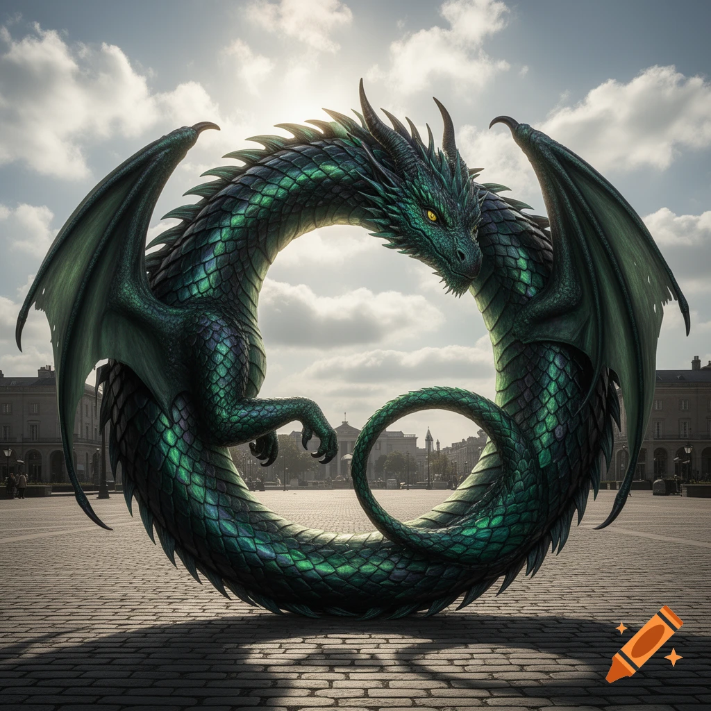 A majestic, shimmering green dragon curled into a perfect circle in a sunlit cobblestone city square with classical buildings.