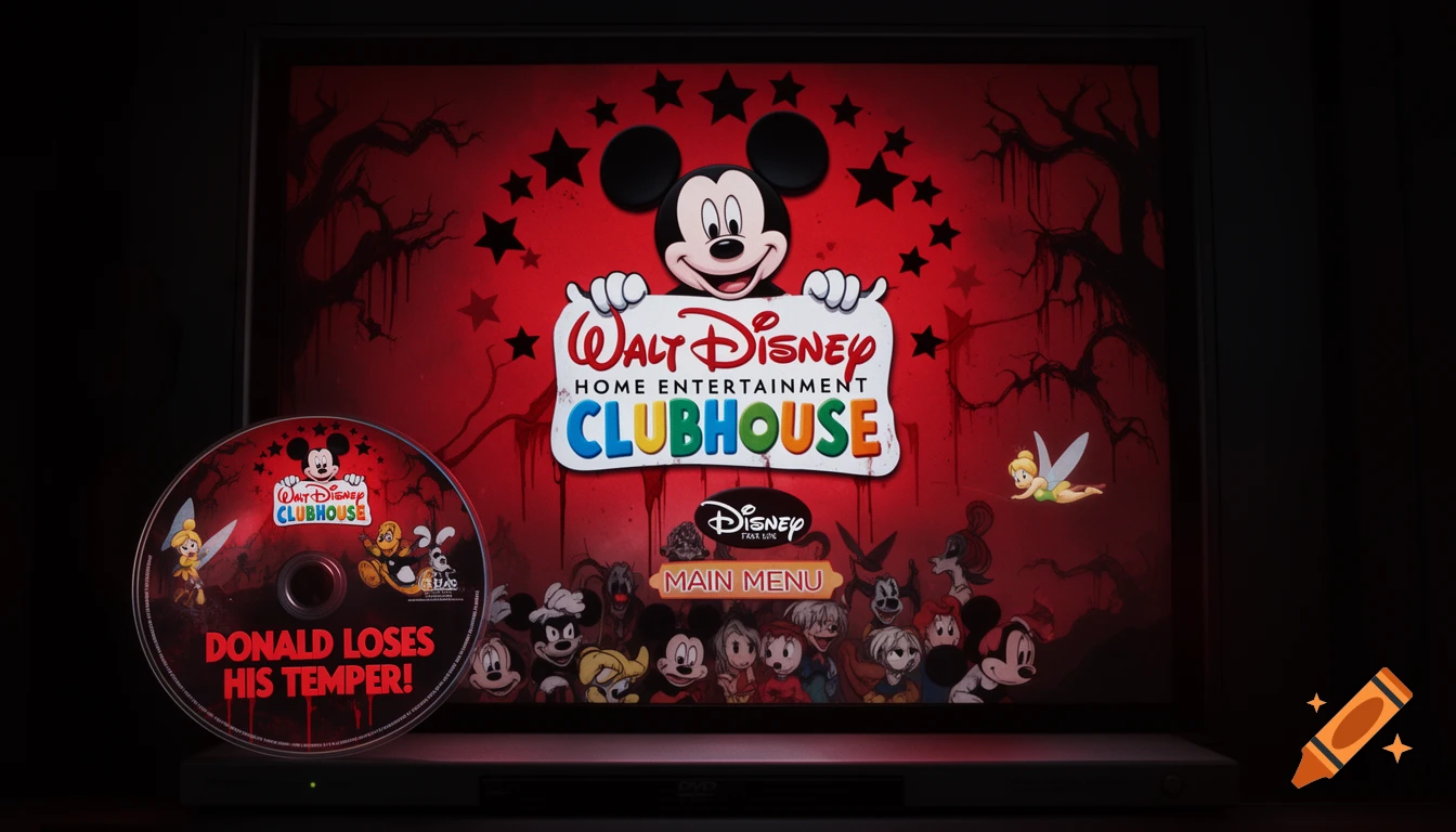 A DVD player with a "Donald Loses His Temper!" DVD disc sits in front of a TV displaying a creepy, blood-stained Mickey Mouse Home Entertainment menu.