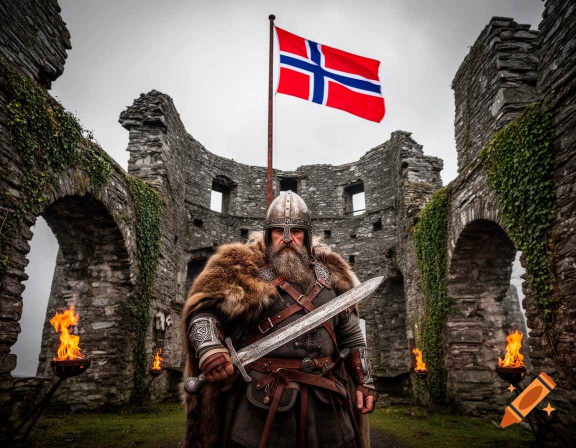 A fierce Viking warrior in a fur cloak and helmet, holding a sword, stands before ruined castle arches with a Norwegian flag.