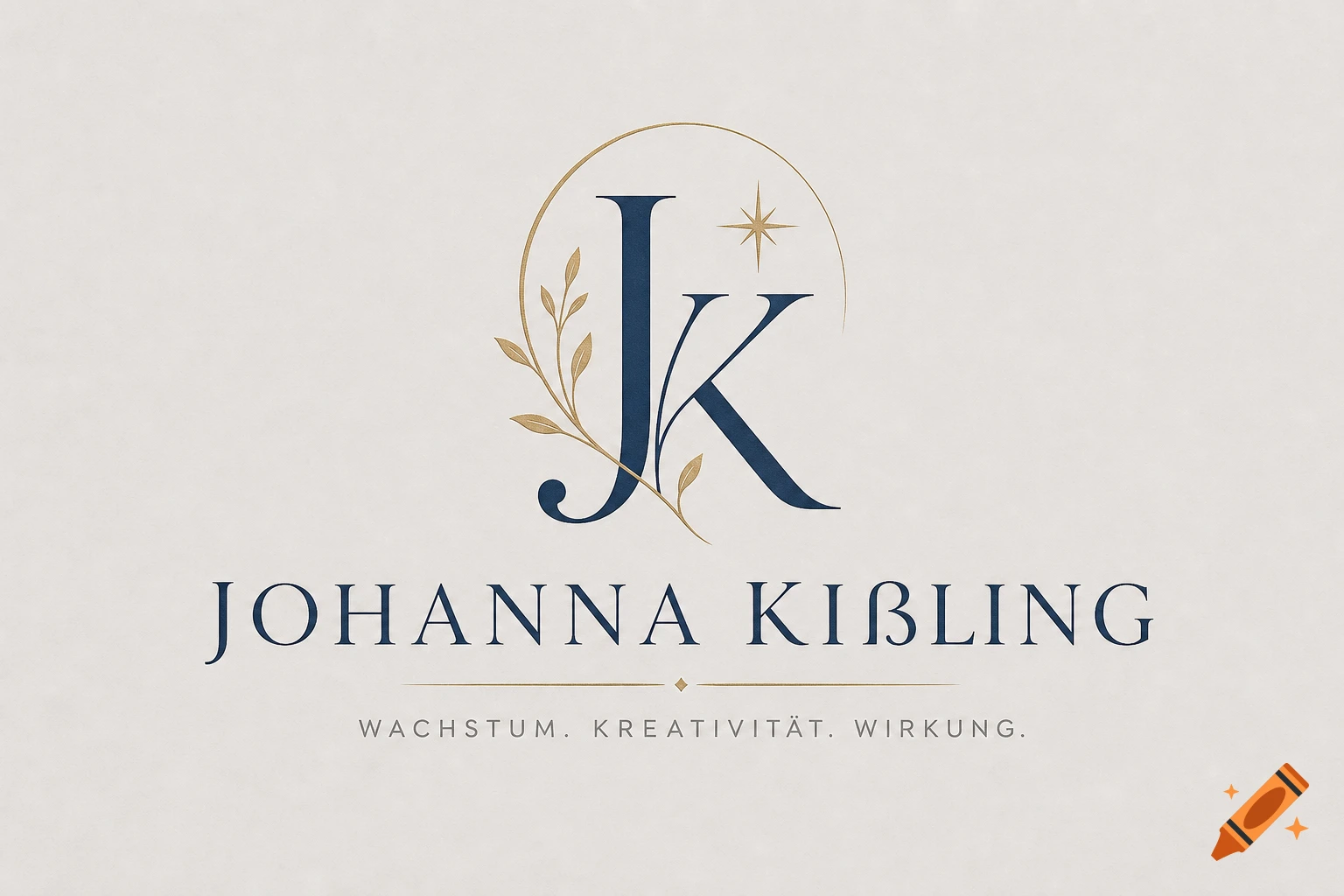 Elegant logo with dark blue initials JK, golden leaves, a golden arch, and text 'JOHANNA KIßLING' and 'WACHSTUM. KREATIVITÄT. WIRKUNG.'