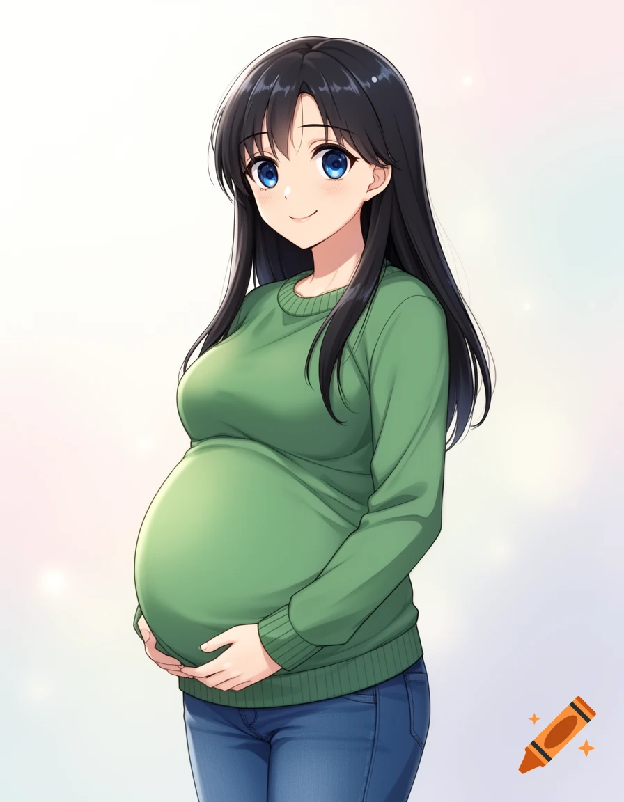 An anime woman with long black hair and blue eyes, wearing a green sweater and blue jeans, smiles while cradling her pregnant belly.