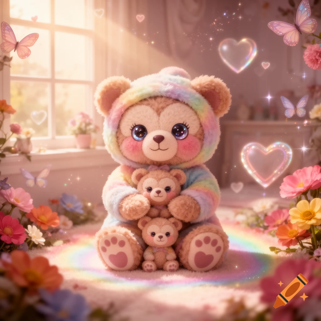 A large, cute teddy bear in a pastel rainbow costume holding two smaller bears, sitting on a rainbow glow rug in a magical room with flowers and butterflies.