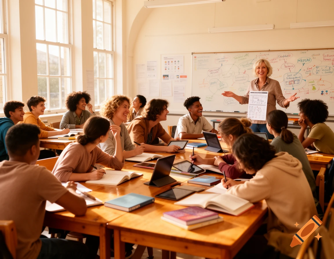 A diverse group of smiling high school students actively participating in a bright classroom with their teacher.