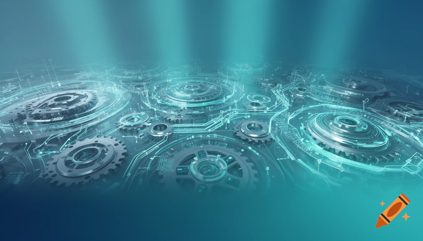 An abstract technological background featuring interconnected metal gears and intricate circuits glowing with a bright cyan light on a dark surface.