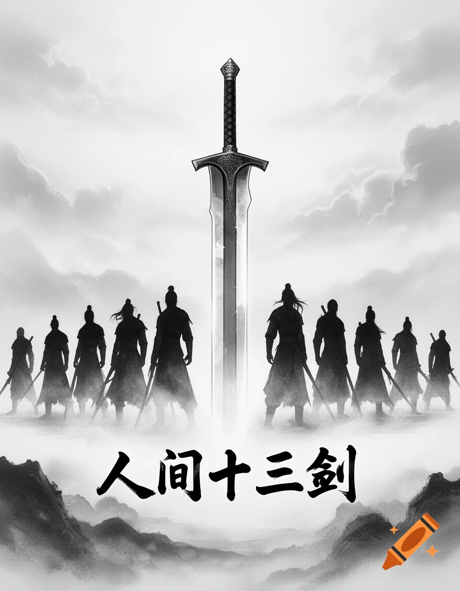 Monochrome Wuxia-style book cover featuring a colossal sword piercing through mist, flanked by a group of silhouetted warriors and Chinese text.
