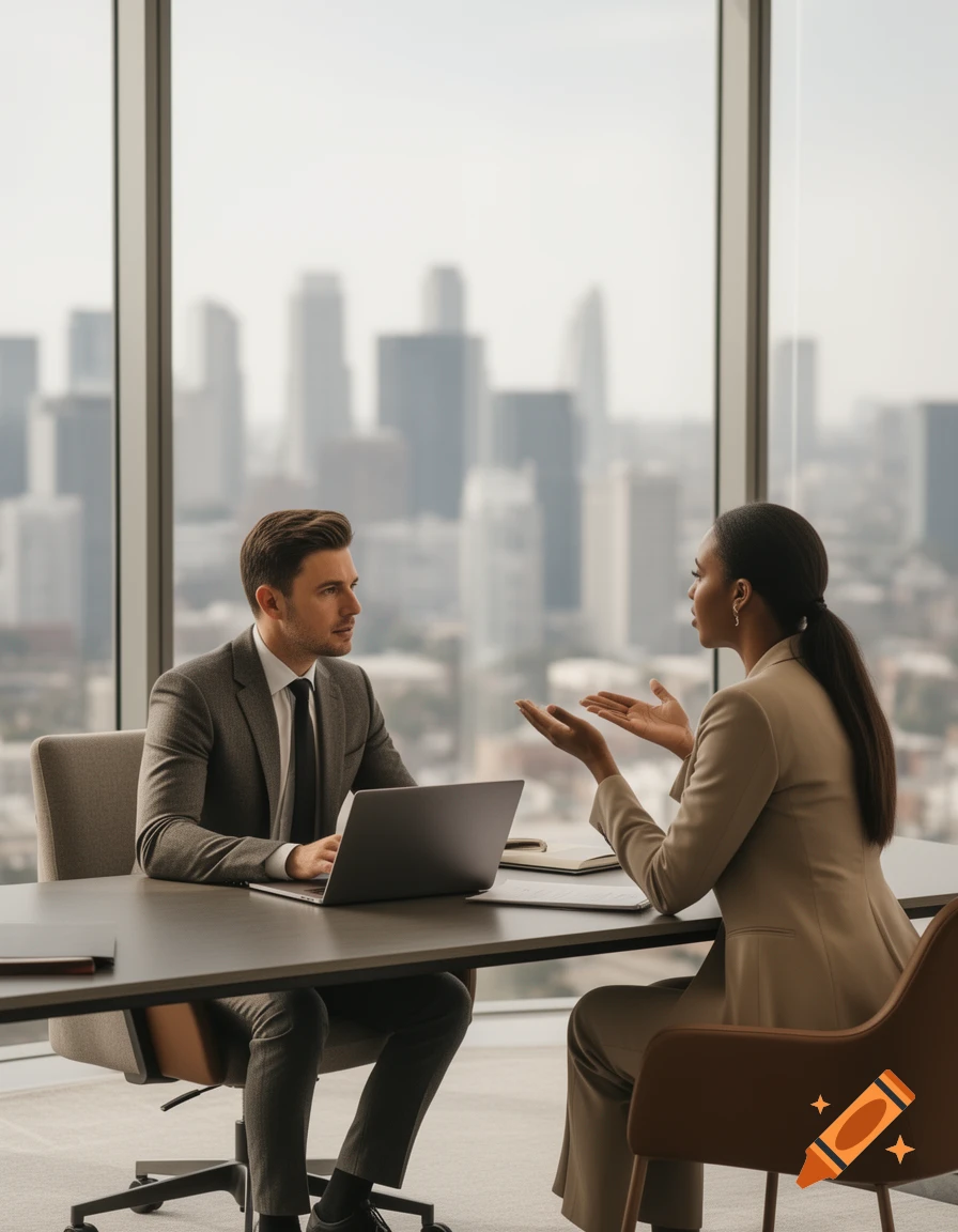 A professional woman talks animatedly to a man on a laptop in a modern office with a city view.