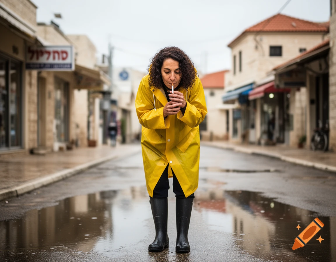 A curly-haired woman in a yellow raincoat and black rubber boots lights a cigarette on a wet street in a small town.