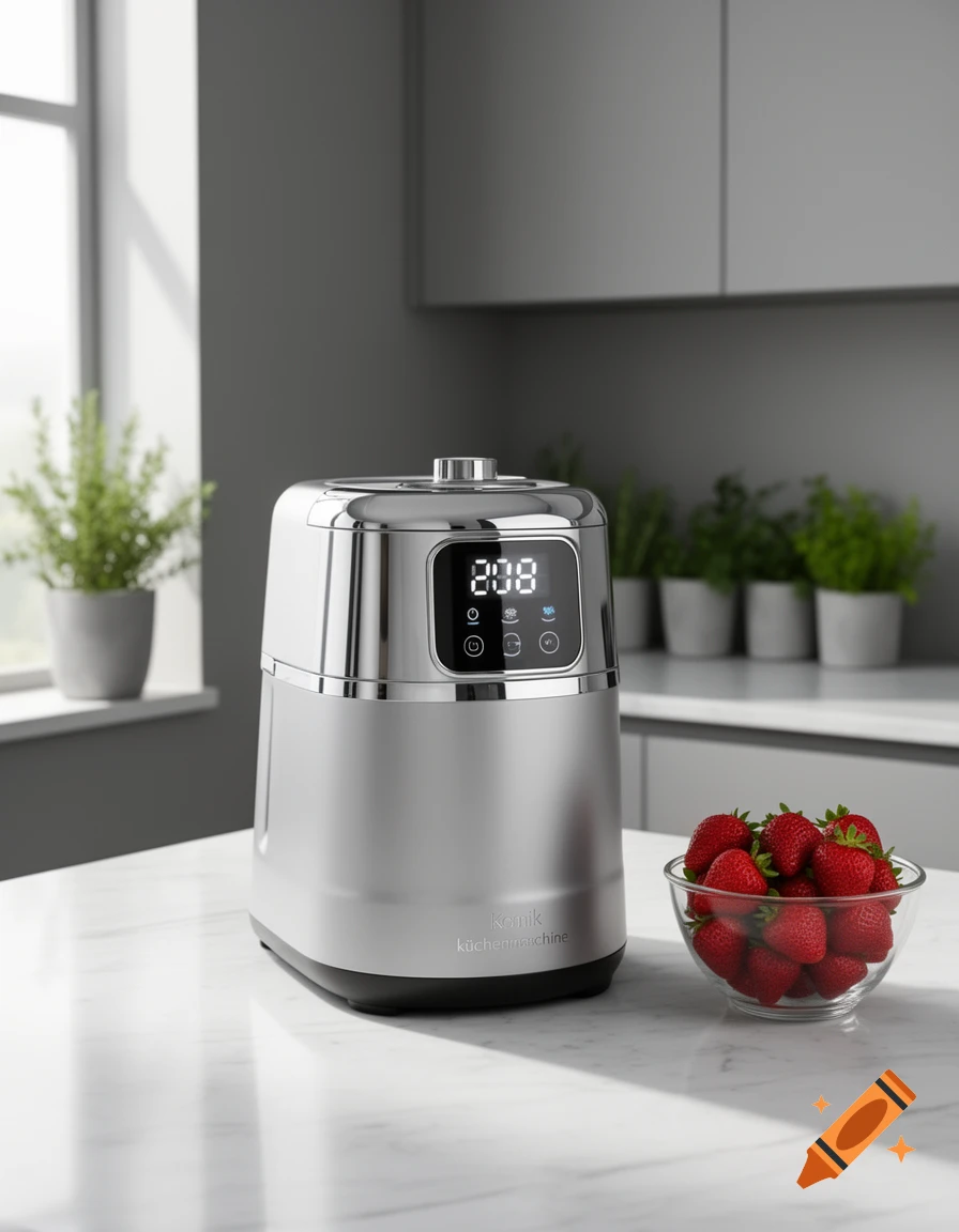 A silver kitchen appliance with a digital display sits on a marble counter next to a bowl of fresh strawberries in a modern kitchen.
