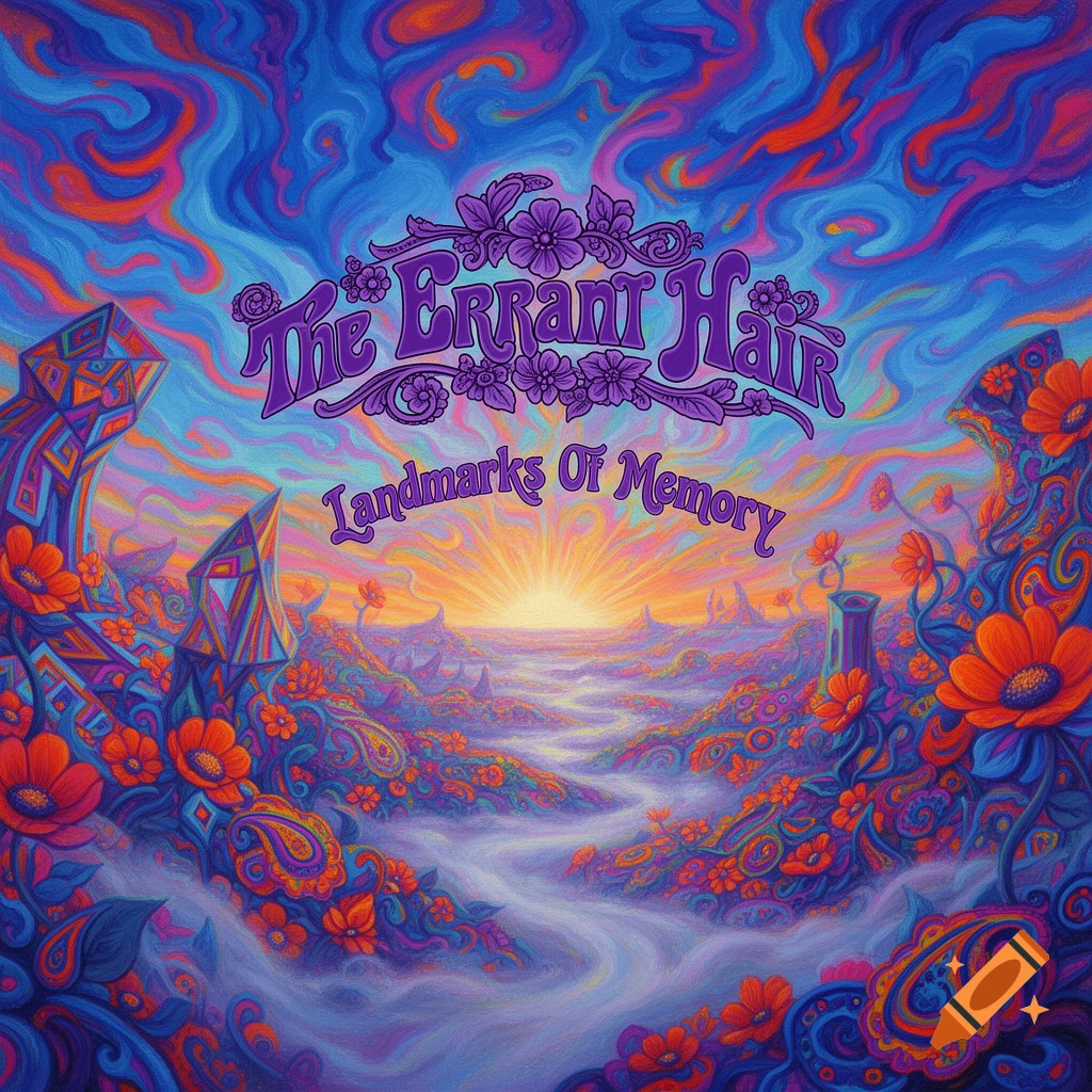 A vibrant psychedelic album cover with purple text 'The Errant Hair Landmarks Of Memory' above a colorful landscape of flowers, clouds, and a sunrise.