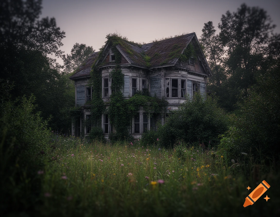 An old, dilapidated Victorian house covered in ivy, surrounded by a wild, overgrown garden under a muted sky at dusk.
