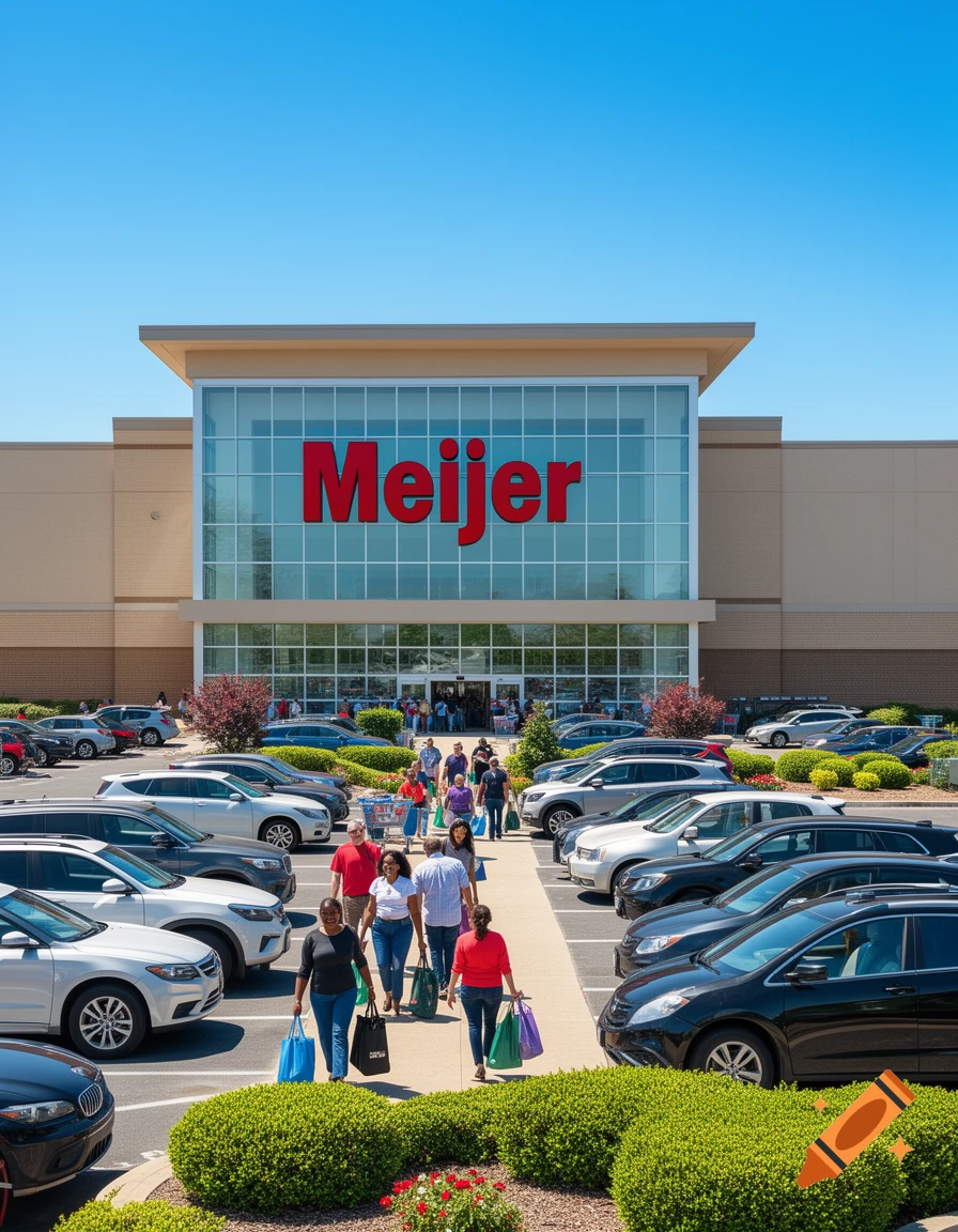 A photorealistic view of a Meijer supermarket with a parking lot full of cars and people shopping on a sunny day.