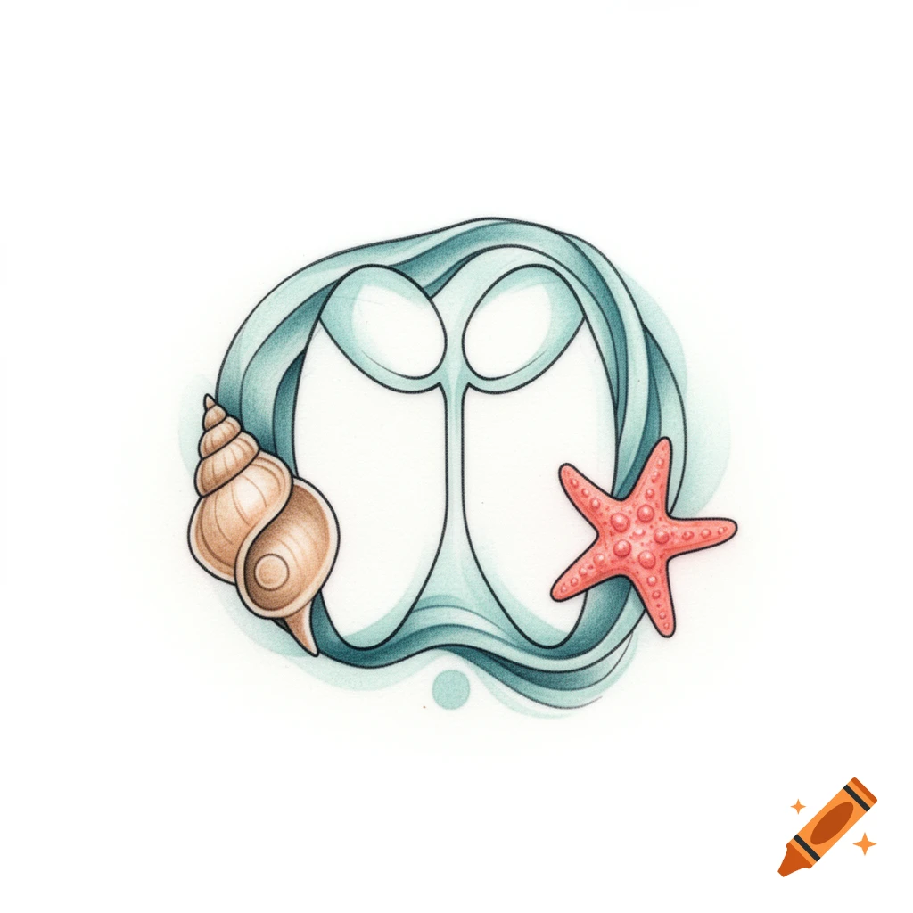Stylized organ donation symbol formed by blue flowing lines, adorned with a brown seashell and a red starfish on a white background.
