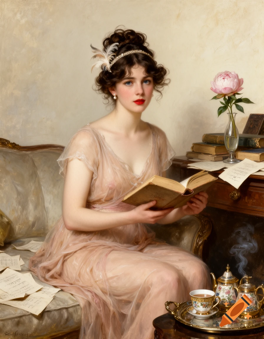 An impressionist painting of a young woman in a sheer dress reading a book, seated on a sofa with a tea set and a peony on a table.