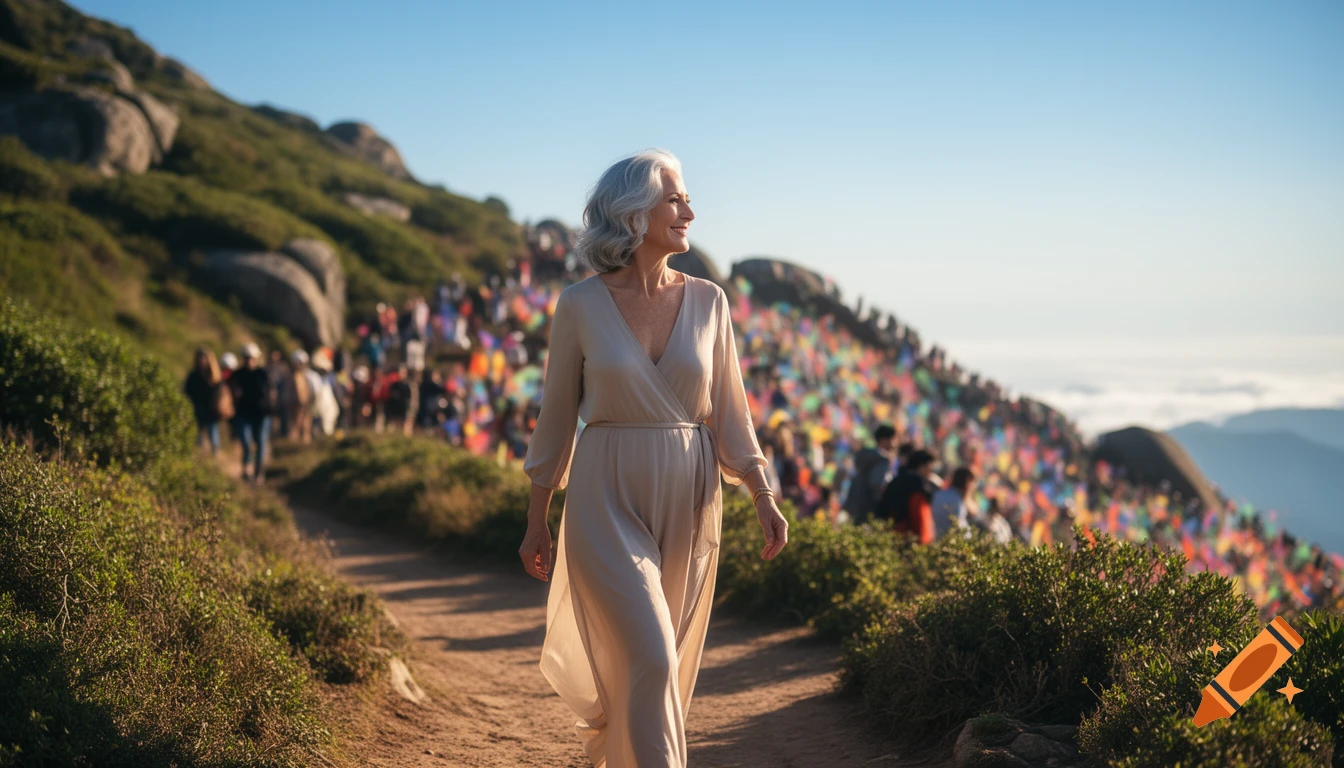 An elegant mature woman with gray hair smiles while walking alone on a sunny mountain path, with a colorful, blurry crowd behind her.
