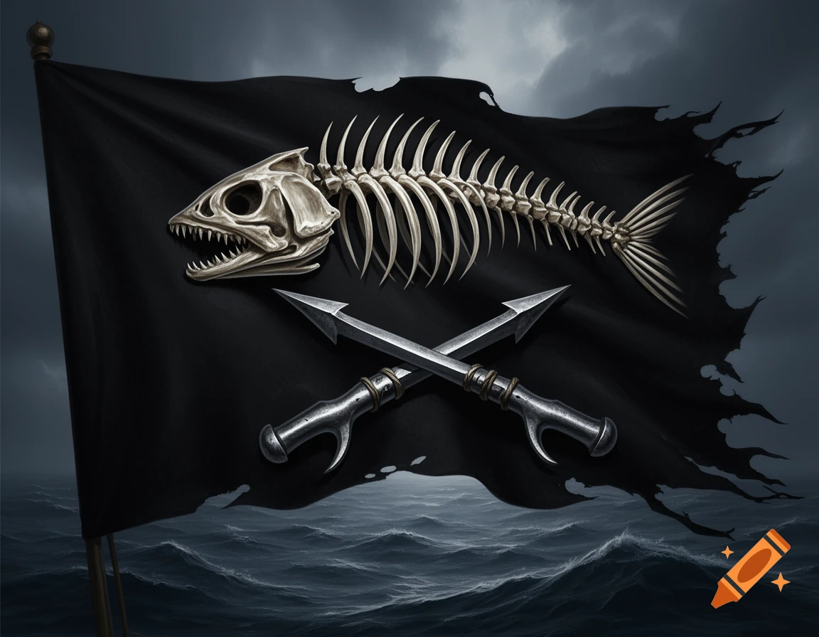 A black pirate flag featuring a detailed fish skeleton and two crossed harpoons, waving over a dark, stormy sea.