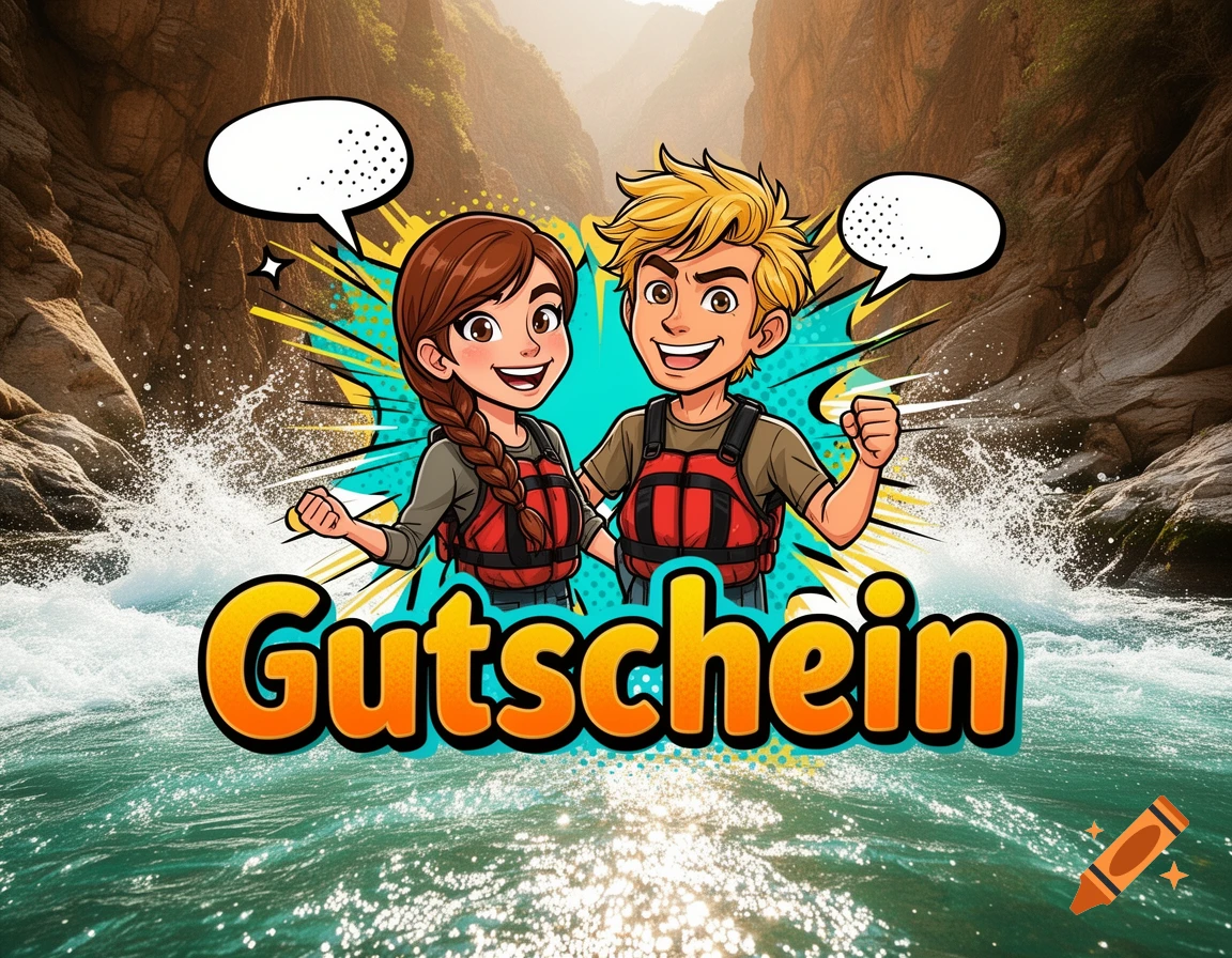 Cartoon couple in life vests on a river with mountains in the background, text 'Gutschein' below them.