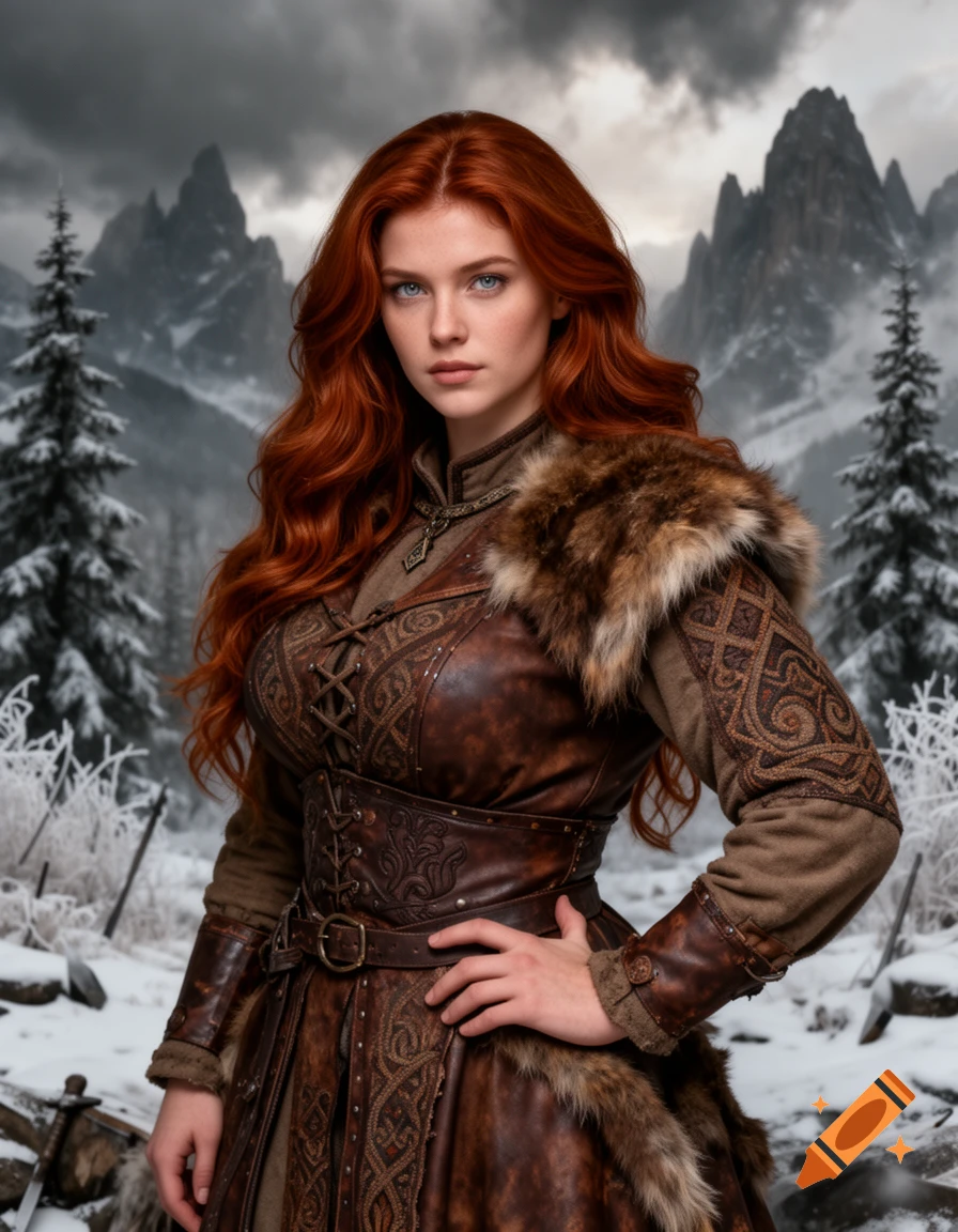 Photorealistic portrait of a red-haired woman in brown leather and fur armor, standing in a snowy mountain landscape.