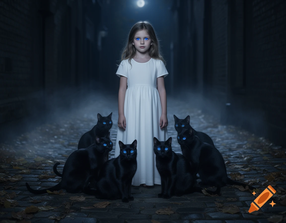 A young girl with glowing blue eyes stands in a misty, dark alley, surrounded by five black cats with glowing blue eyes under a full moon.