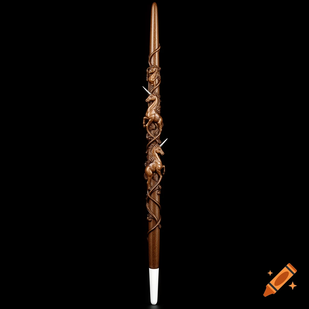 A slender elegant wooden wand with intricate carved unicorns and swirling patterns, set against a solid black background.