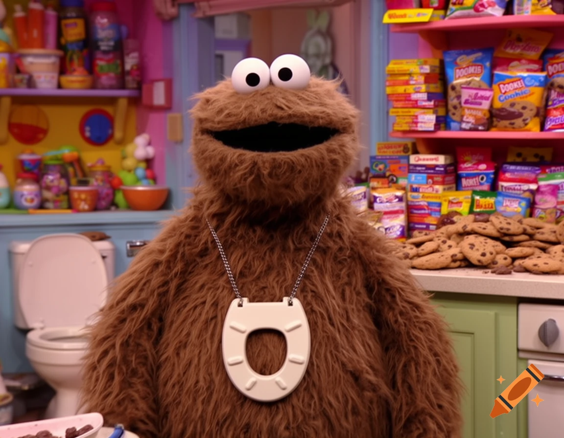 A fuzzy brown monster resembling Cookie Monster wears a white toilet seat necklace, standing in a colorful room with a toilet and shelves of cookies and snacks.
