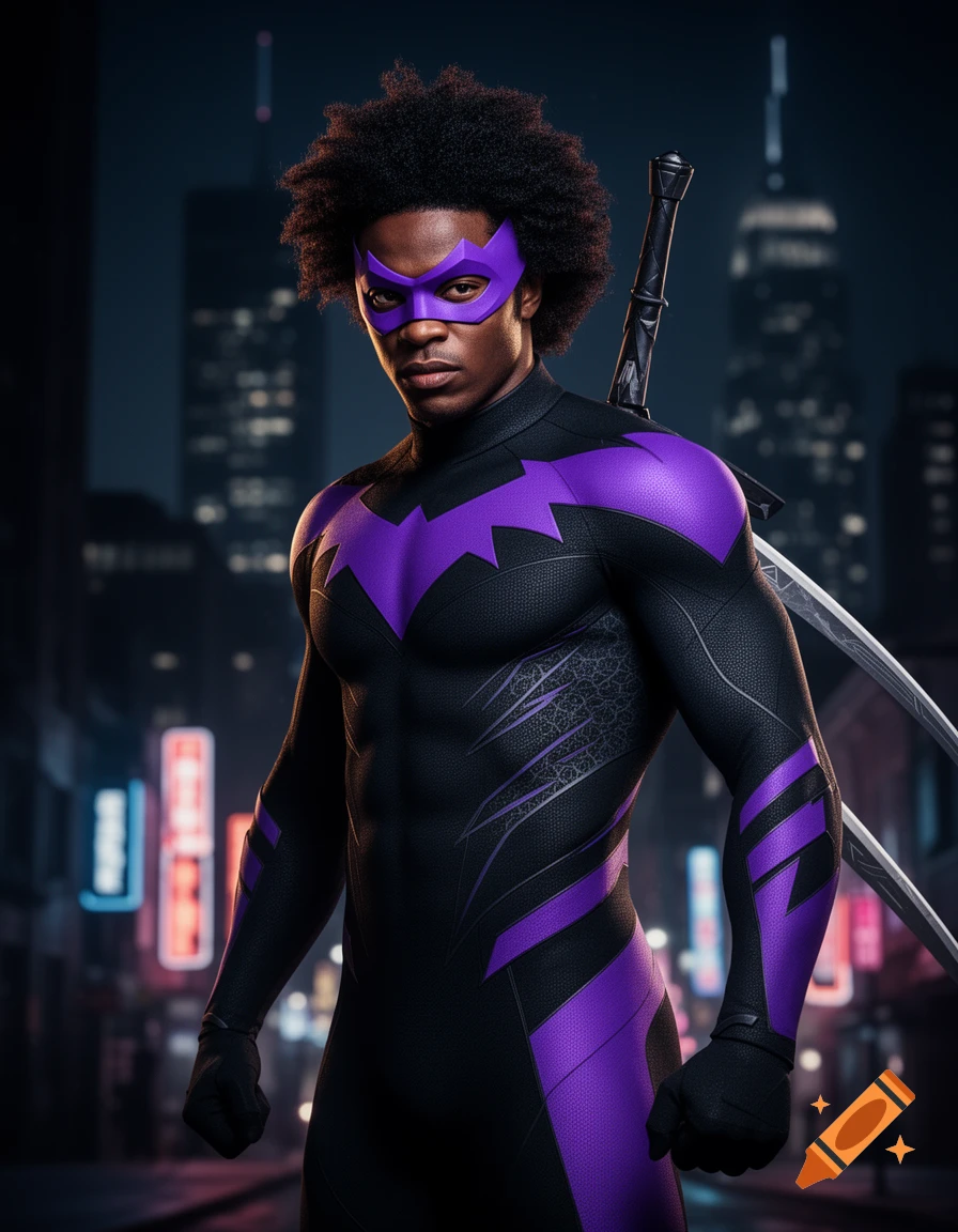 Photorealistic African American superhero in a black and purple suit, purple mask, afro, and two swords on his back, set against a city night.