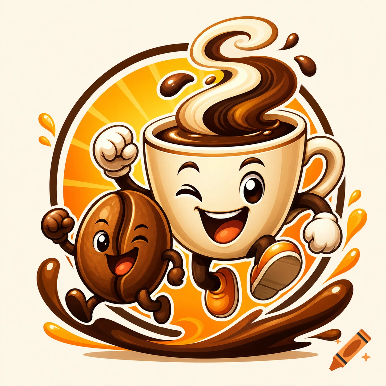 A cute, energetic cartoon logo of a winking coffee cup and coffee bean character running, surrounded by coffee splashes and a sunburst.