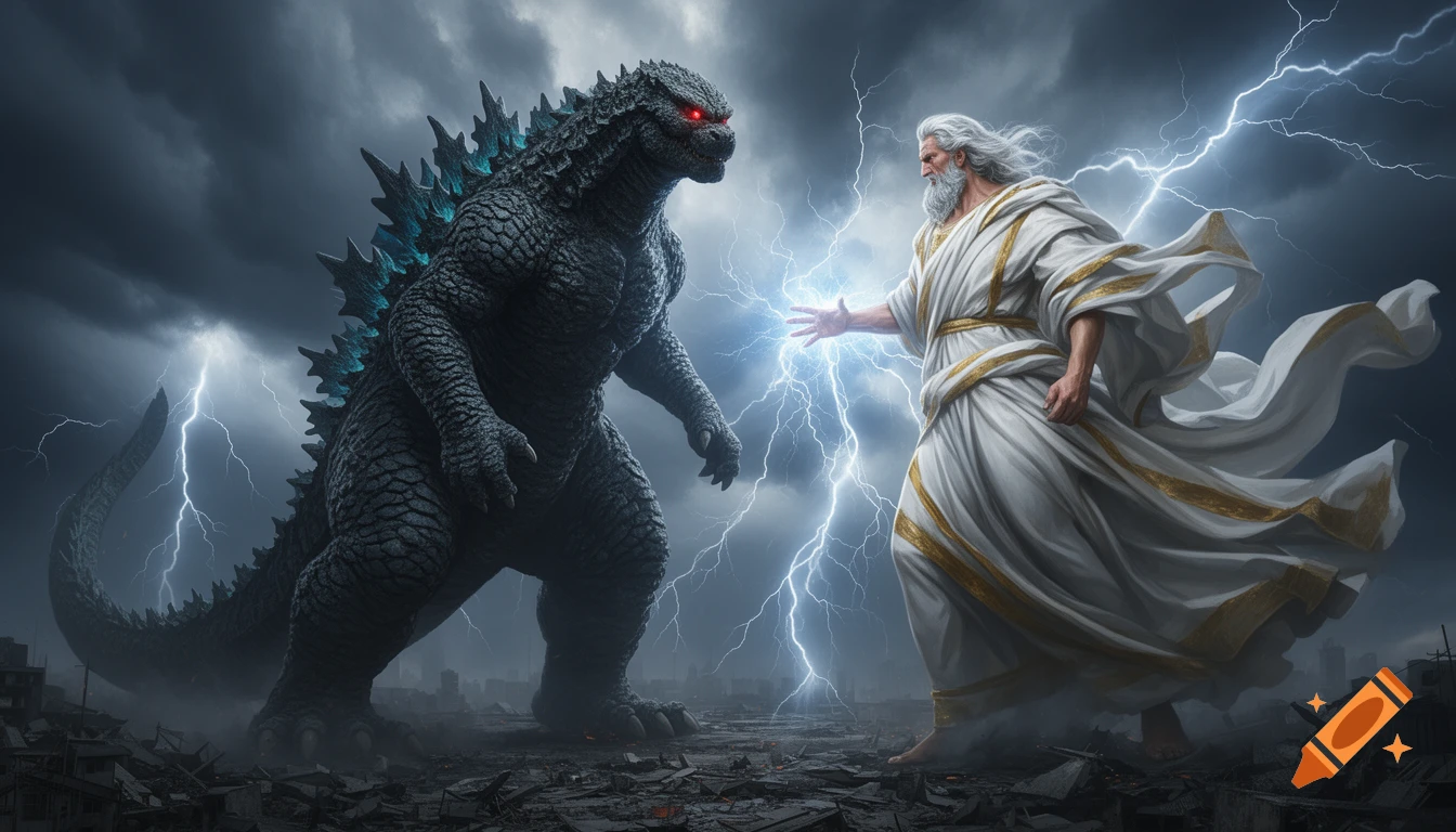 Godzilla and Zeus face off in a dramatic battle under a stormy sky, surrounded by a ruined city.