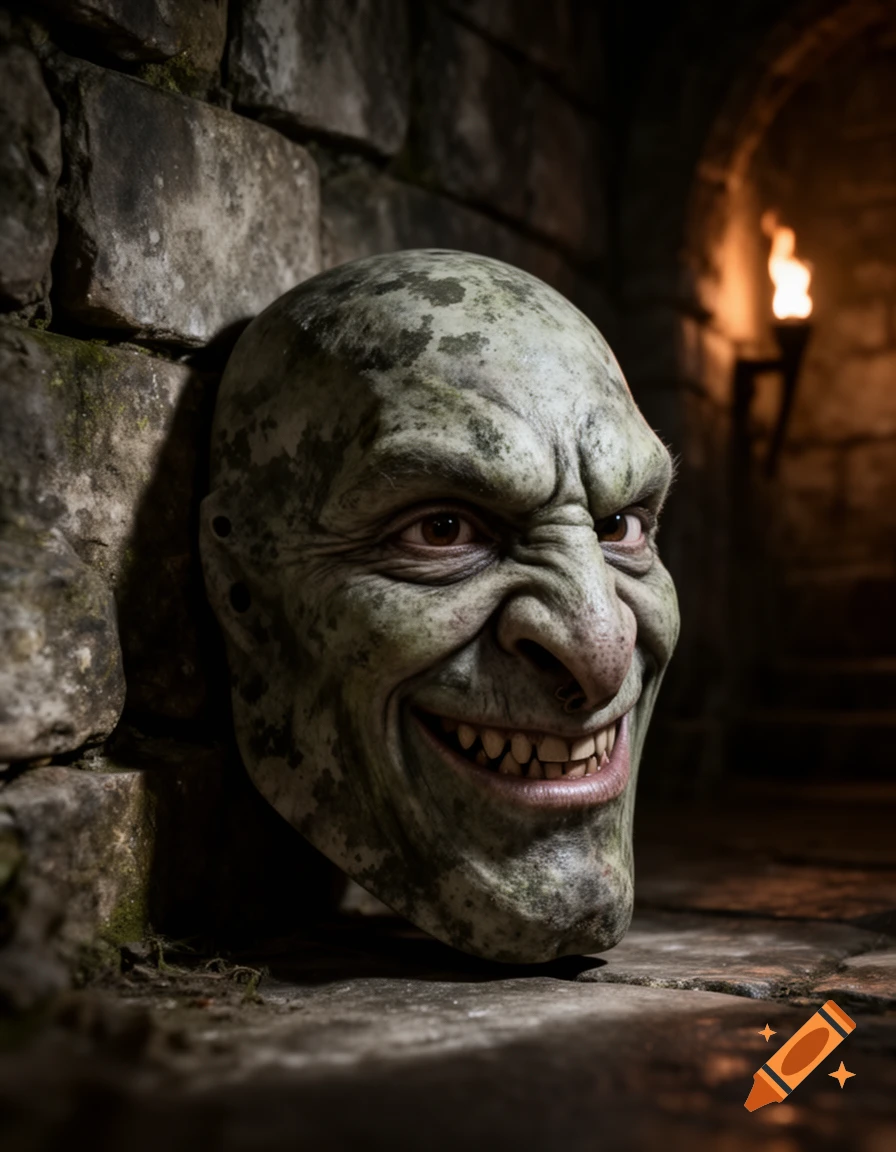 A photorealistic grotesque green-skinned troll-like face with a wide, toothy grin, in a dark stone dungeon with a torch.