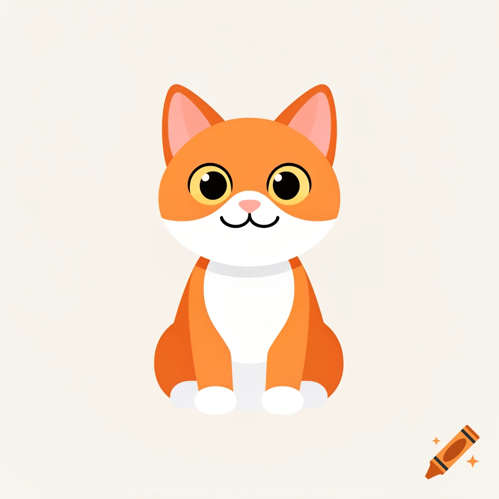 A cute orange and white cartoon cat with large yellow eyes, sitting.