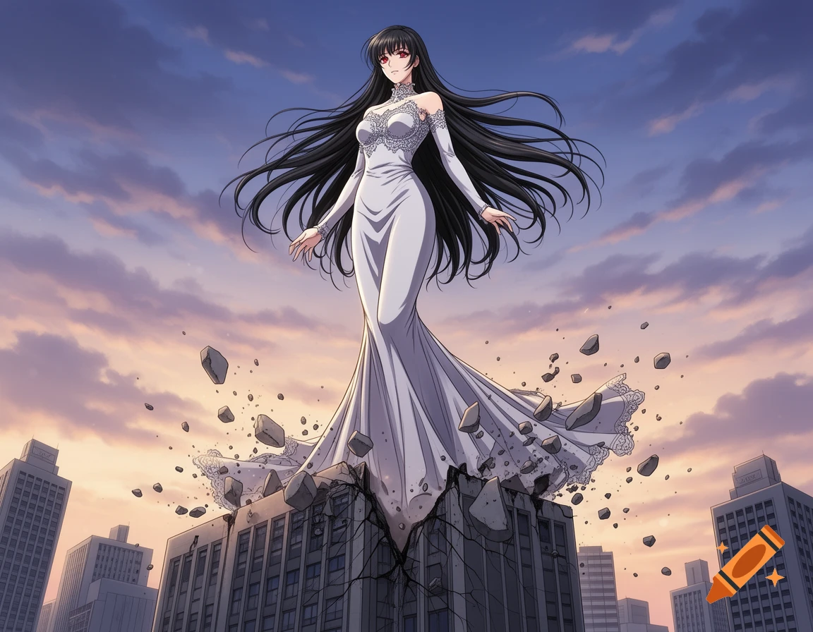 Giant anime woman with long black hair and a white dress stands on a cracking skyscraper as debris falls, against a sunset sky.