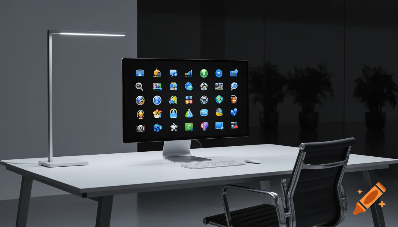 A modern workspace with a monitor displaying an array of colorful app icons, a minimalist desk lamp, keyboard, mouse, and office chair.