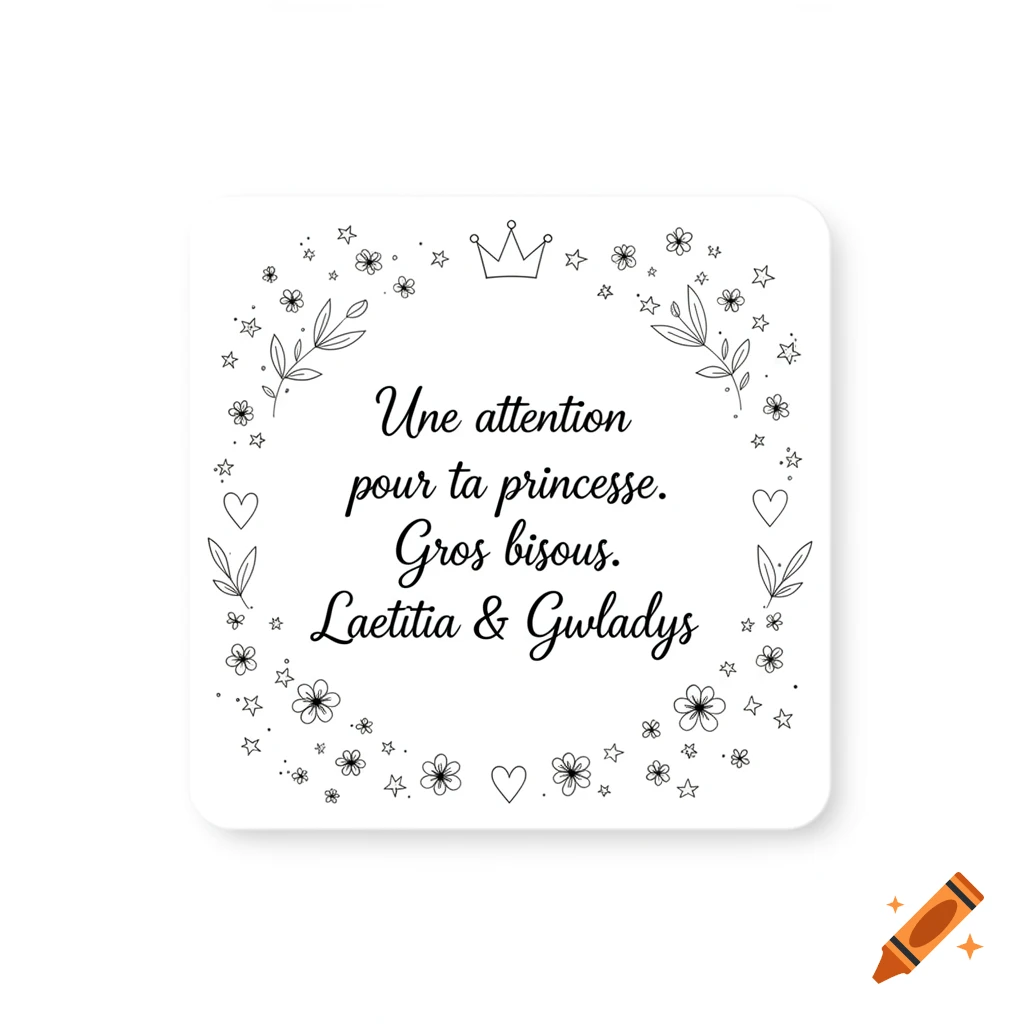 A white square label with black line art flowers, leaves, stars, hearts, and a crown framing French text.