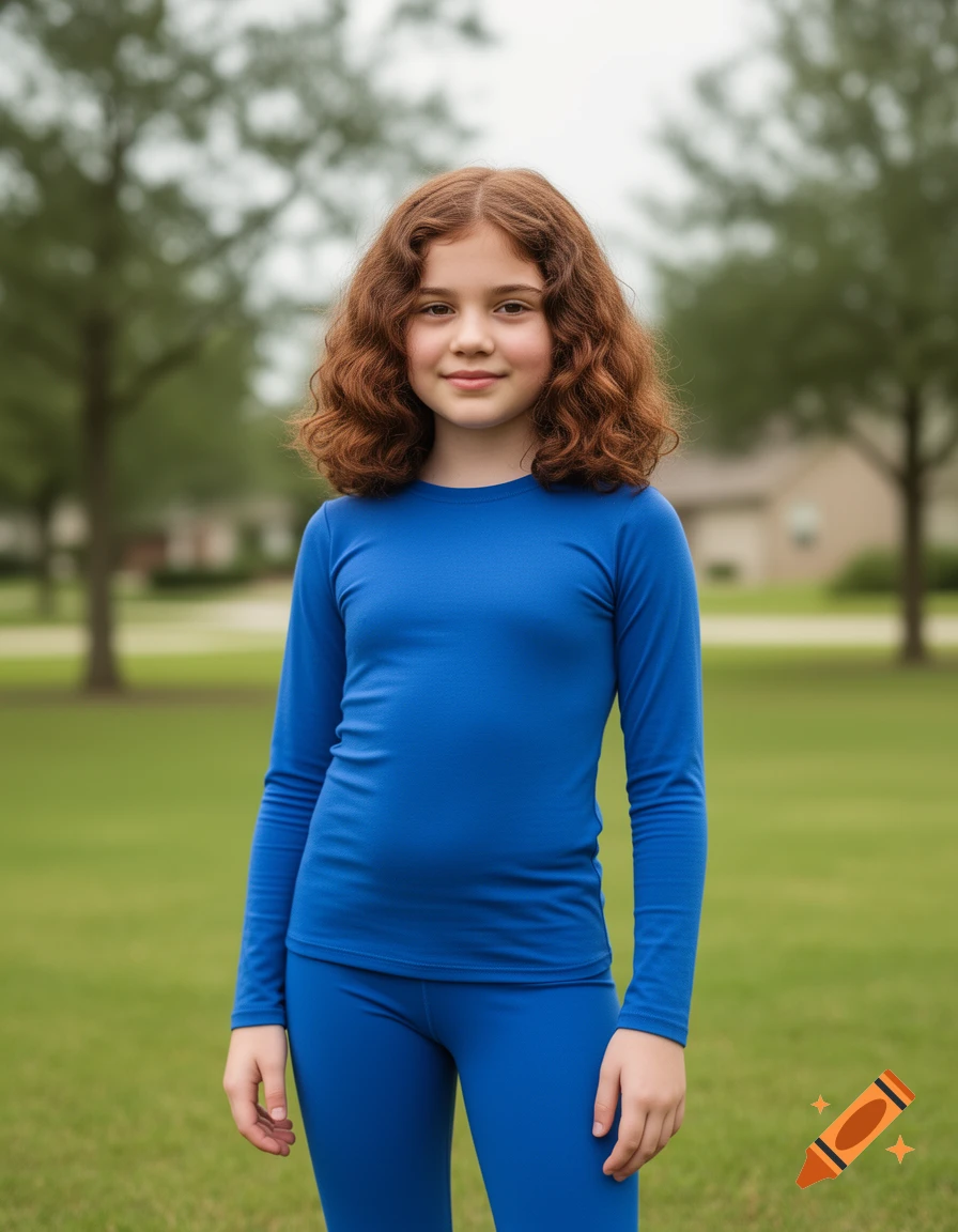 A smiling girl with reddish-brown curly hair stands on green grass, wearing a royal blue long-sleeved shirt and matching leggings. Photorealistic.
