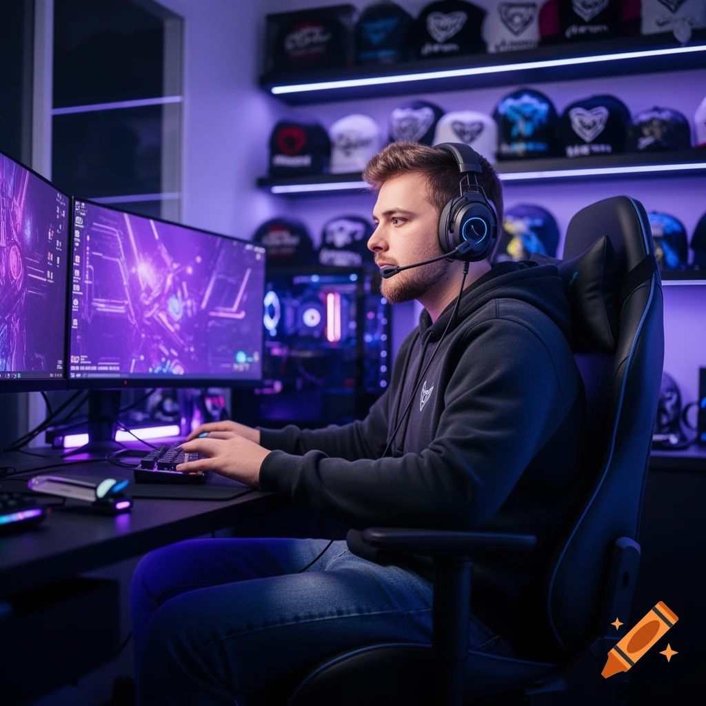A man wearing a headset and hoodie sits at a computer desk with two monitors displaying purple-hued graphics, surrounded by gaming gear and hats on shelves.