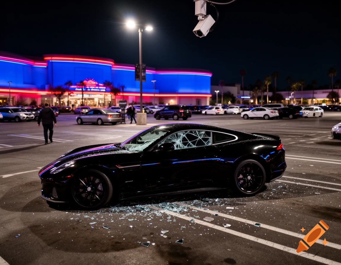 A black sports car with a shattered window and glass on the ground, parked in a dimly lit lot with a vibrant building at night.