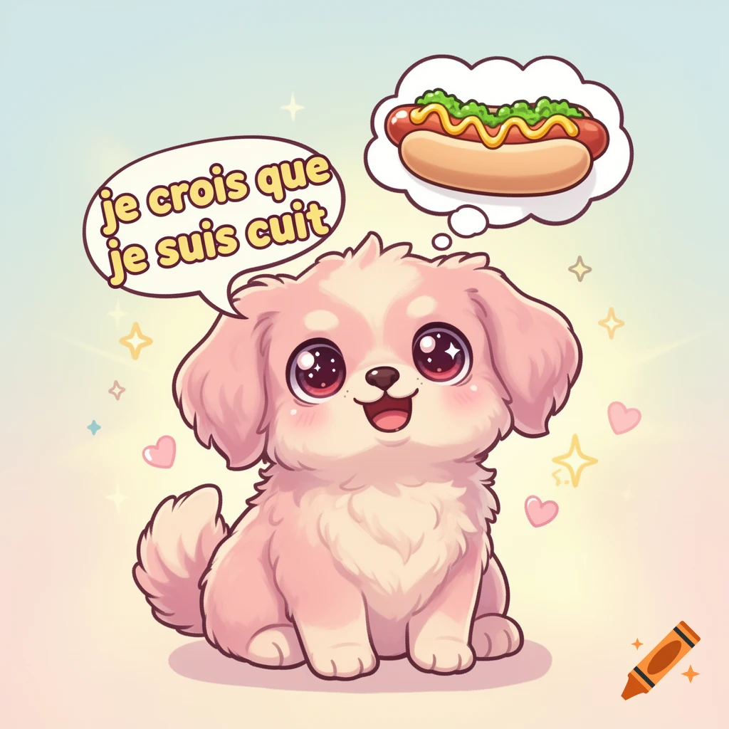 A cute pink kawaii dog with big eyes smiles, saying "je crois que je suis cuit" in a speech bubble and thinking of a hot dog.
