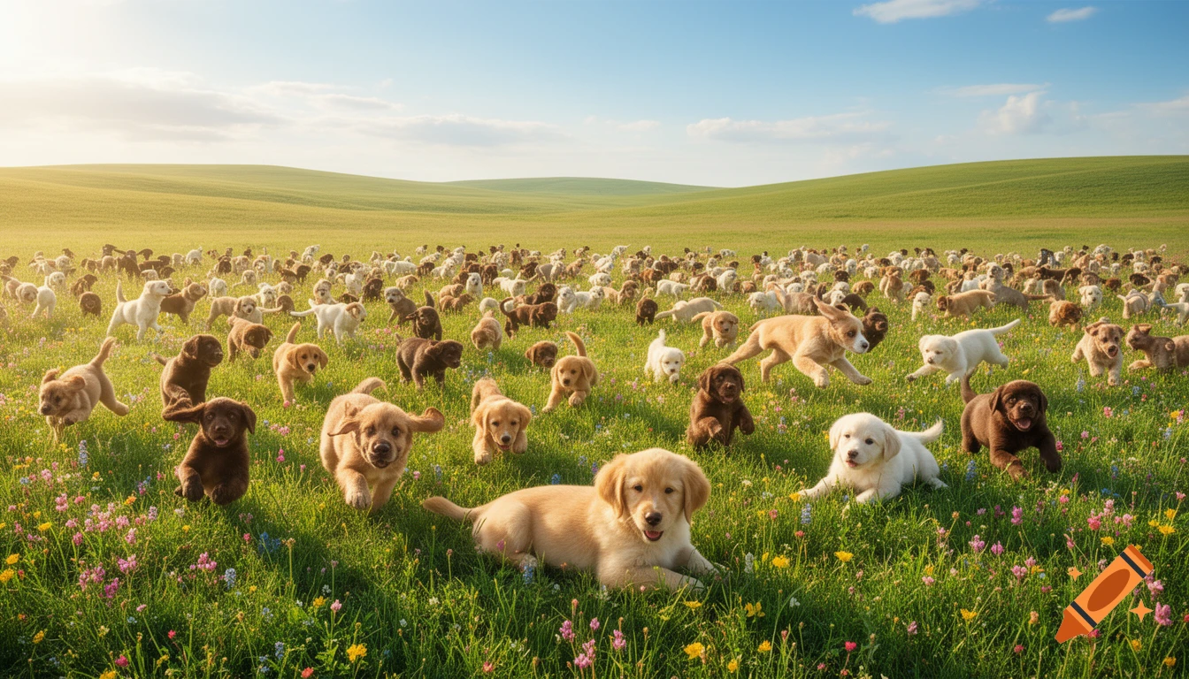 Hundreds of diverse puppies run, play, and rest in a vast, vibrant green field filled with wildflowers under a sunny sky.