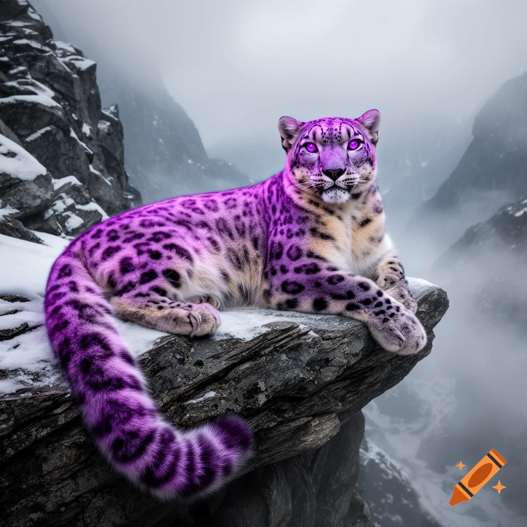 A vibrant purple snow leopard with glowing eyes lies on a snow-dusted rock cliff overlooking foggy mountains.