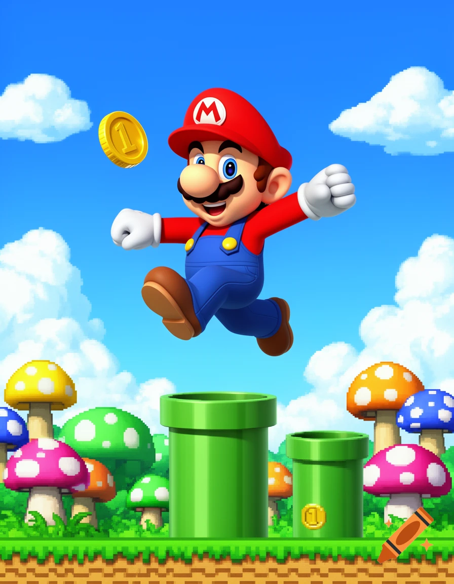 Cartoon Mario jumps over green pipes in a vibrant, pixelated fantasy world with colorful mushrooms and a blue sky, collecting a gold coin.