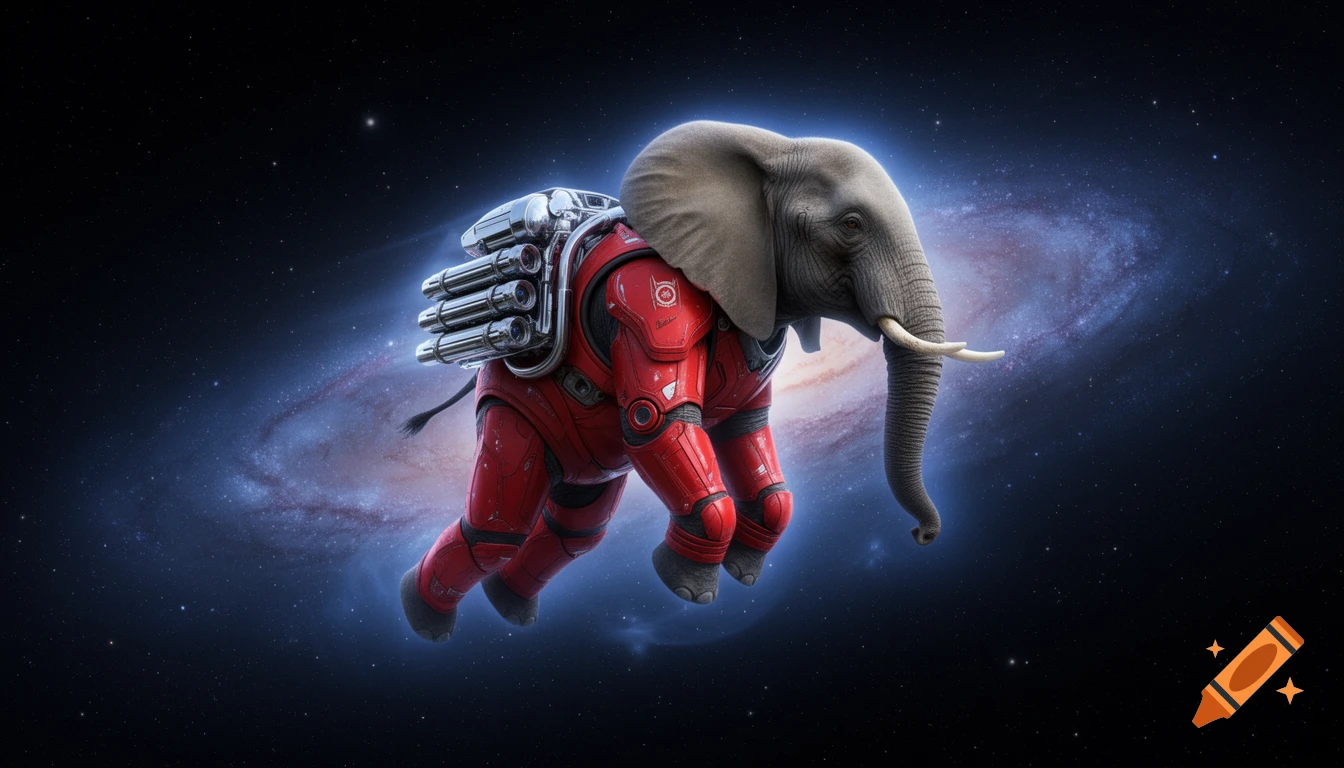 A hyperrealistic elephant in a red armored suit with a jetpack floats in outer space against a galaxy.