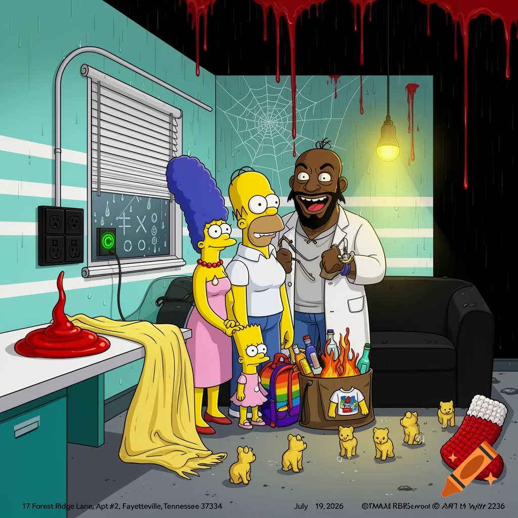 The Simpsons family with a black man in a lab coat in a strange room with blood dripping from the ceiling, small yellow creatures, and a flaming bag.