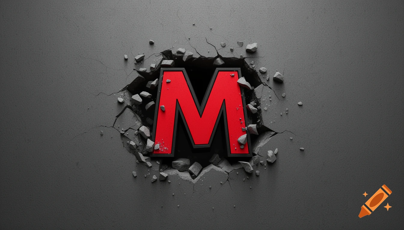 A red letter 'M' with a black outline bursts through a dark gray concrete wall, surrounded by broken debris.