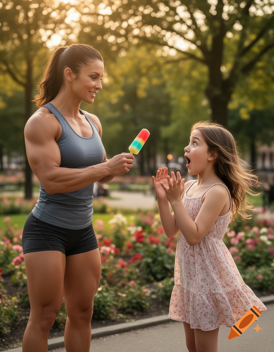 A muscular woman smiles as she offers a colorful popsicle to a surprised young girl in a sunlit park.
