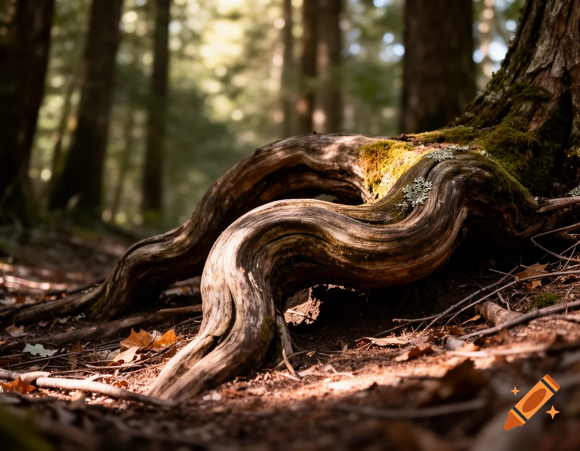 Close-up of gnarled tree roots covered in moss and lichen on a sun-dappled forest floor with fallen leaves.