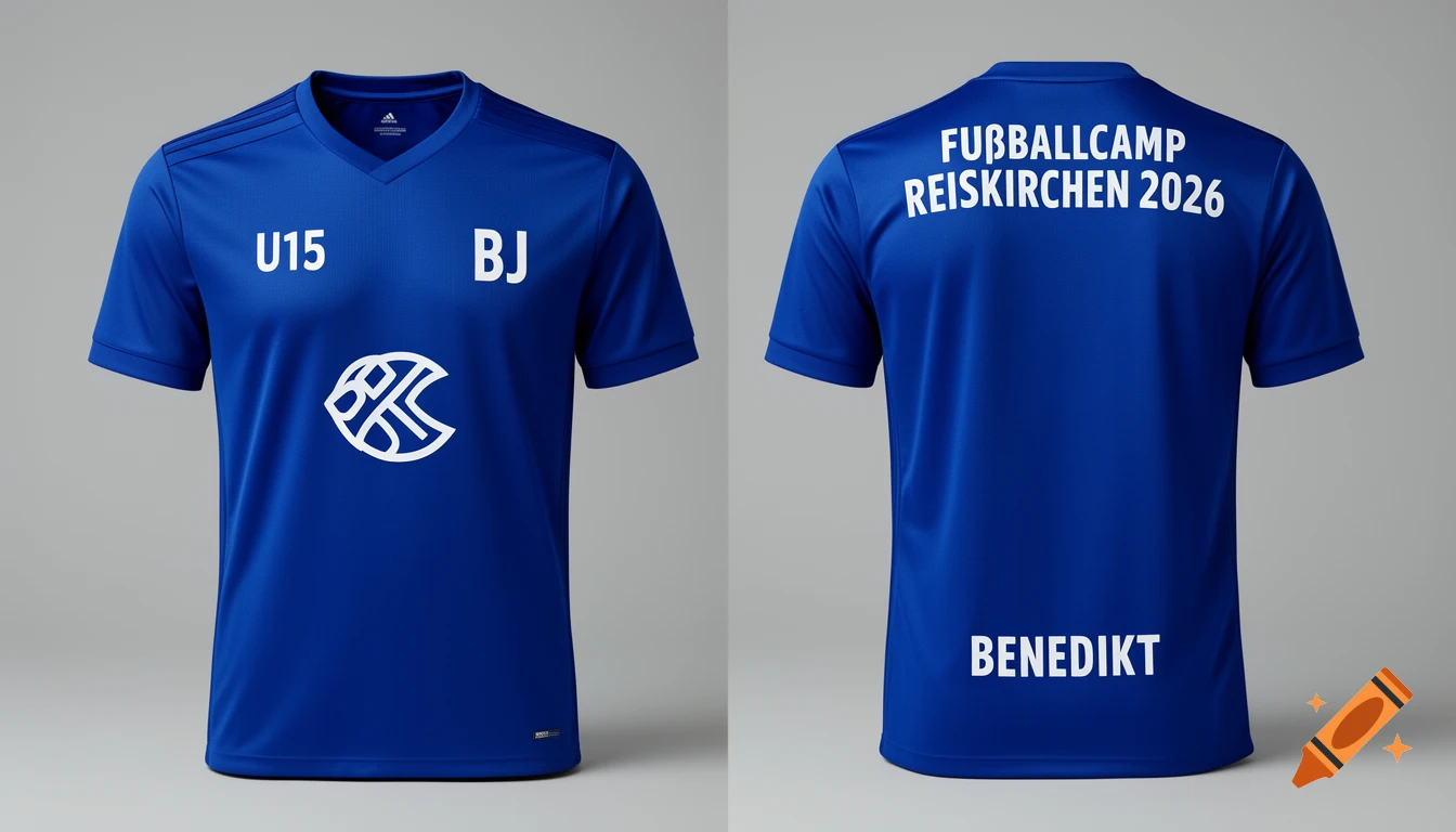 Front and back views of a royal blue football jersey with white text and a white logo, on a gray background.