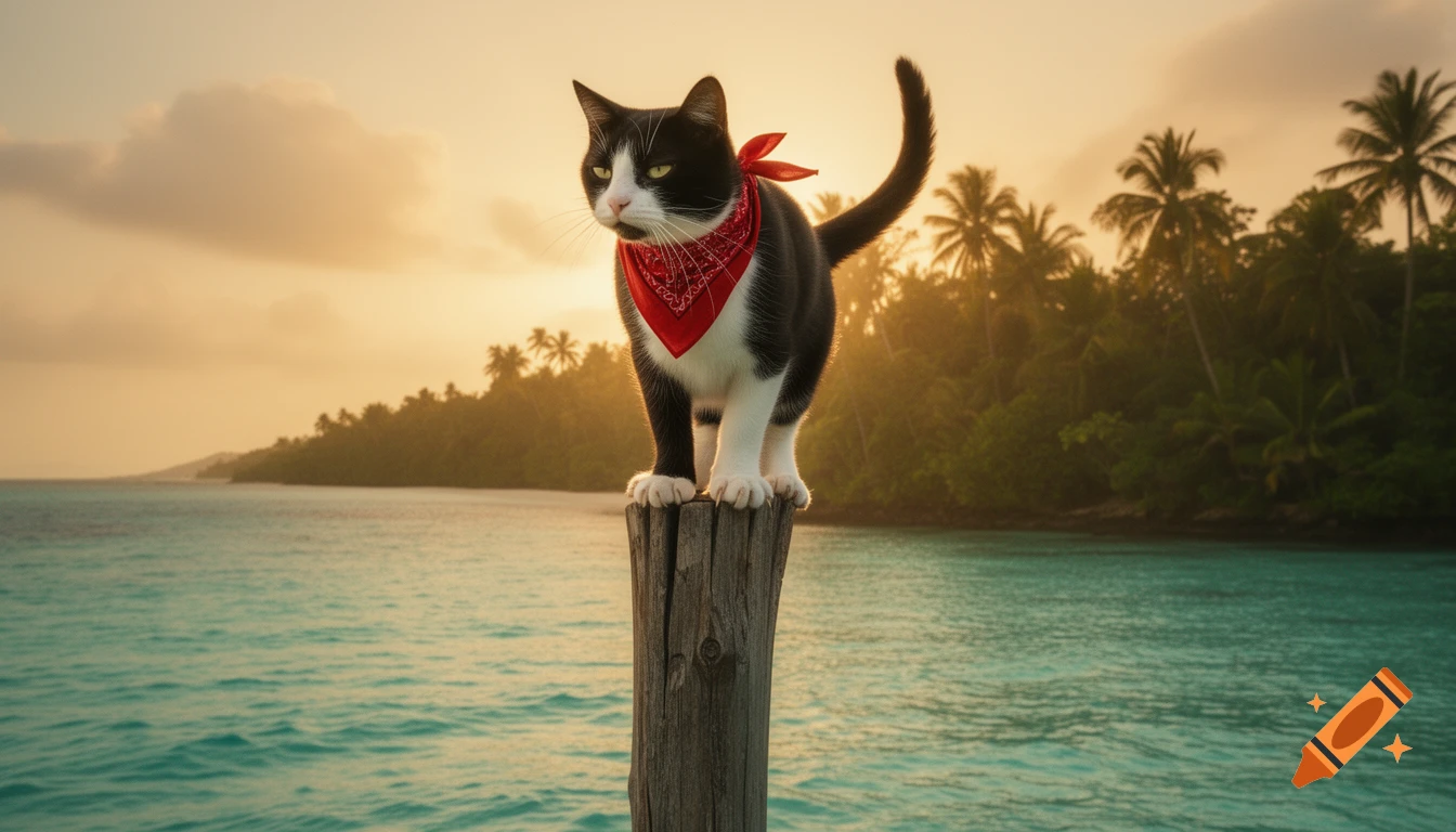 Photorealistic black and white cat with a red bandana on a wooden pole in a tropical turquoise lagoon at golden hour, lush island in background.