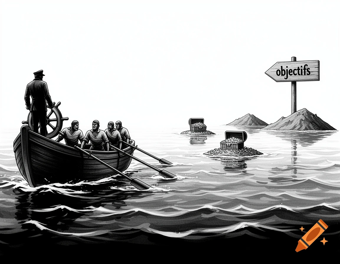 Black and white illustration of a captain and sailors in a rowboat, heading towards treasure chests and a sign reading "objectifs" on an island.