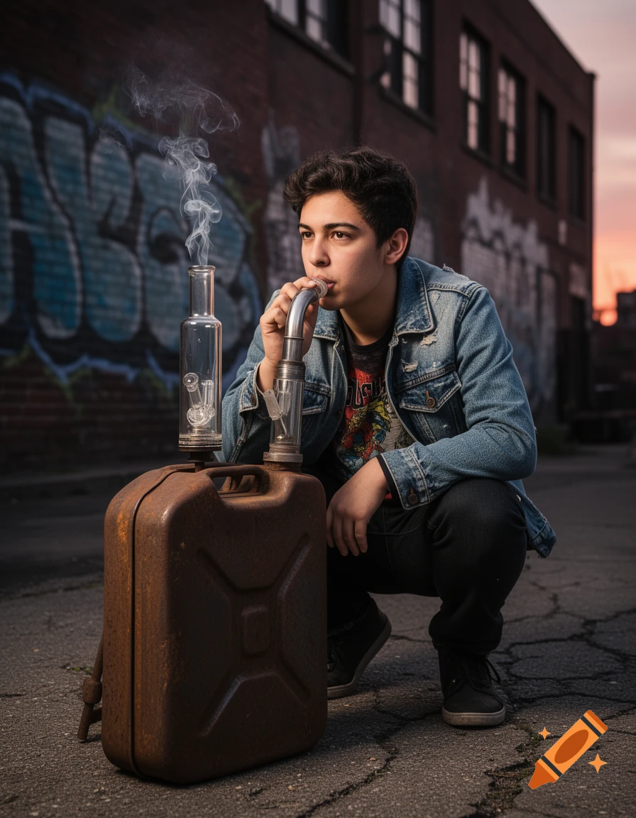 A person crouches and smokes from a bong crafted from a rusty jerry can, set against a brick wall with graffiti at dusk.