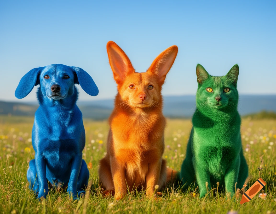 A blue dog, an orange fox-like animal with large ears, and a green cat sit side-by-side in a sunny grassy field with wildflowers.